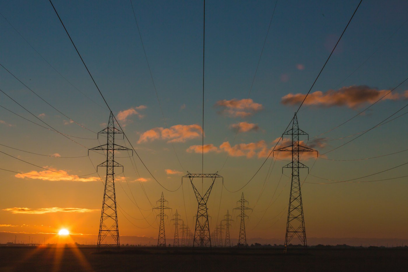 Power transmission lines at sunset