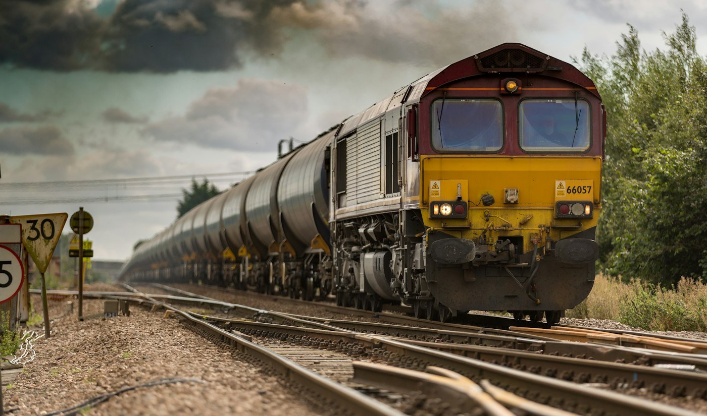 Freight train on rail tracks